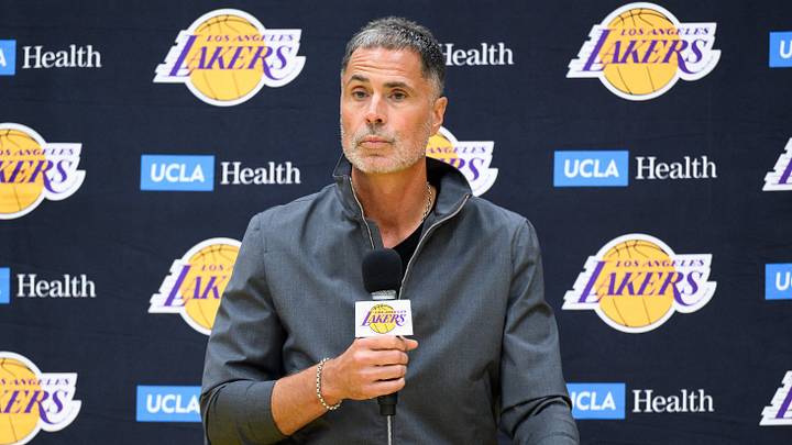 Sep 25, 2025; El Segundo, CA, USA; Los Angeles Lakers general manager Rob Pelinka, left, speaks during a press conference to preview the 2025-26 season at UCLA Health Training Center. Mandatory Credit: William Liang-Imagn Images Sep 25, 2025; El Segundo, CA, USA; Los Angeles Lakers general manager Rob Pelinka, left, speaks during a press conference to preview the 2025-26 season at UCLA Health Training Center. Mandatory Credit: William Liang-Imagn Images