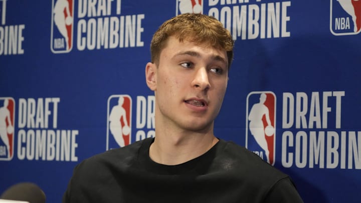 Cooper Flagg talks to the media during the 2025 NBA Draft Combine.