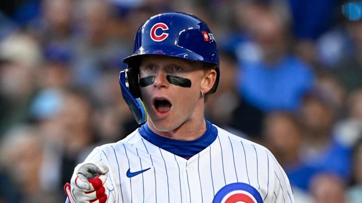 Oct 8, 2025; Chicago, Illinois, USA; Chicago Cubs center fielder Pete Crow-Armstrong (4) reacts after striking out against the Milwaukee Brewers in the third inning during game three of the NLDS round for the 2025 MLB playoffs at Wrigley Field. Mandatory Credit: Matt Marton-Imagn Images Oct 8, 2025; Chicago, Illinois, USA; Chicago Cubs center fielder Pete Crow-Armstrong (4) reacts after striking out against the Milwaukee Brewers in the third inning during game three of the NLDS round for the 2025 MLB playoffs at Wrigley Field. Mandatory Credit: Matt Marton-Imagn Images