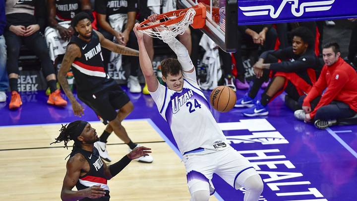 Oct 16, 2025; Salt Lake City, Utah, USA; Utah Jazz center Walker Kessler (24) makes a slam dunk during the second half over Portland Trail Blazers guard Damian Lillard (0) at Delta Center. Mandatory Credit: Peter Creveling-Imagn Images Oct 16, 2025; Salt Lake City, Utah, USA; Utah Jazz center Walker Kessler (24) makes a slam dunk during the second half over Portland Trail Blazers guard Damian Lillard (0) at Delta Center. Mandatory Credit: Peter Creveling-Imagn Images