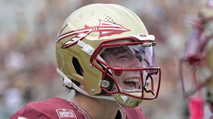 Sep 6, 2025; Tallahassee, Florida, USA; Florida State Seminoles quarterback Kevin Sperry celebrates after scoring a touchdown against the East Texas A&M Lions during the second half at Doak S. Campbell Stadium. Mandatory Credit: Melina Myers-Imagn Images