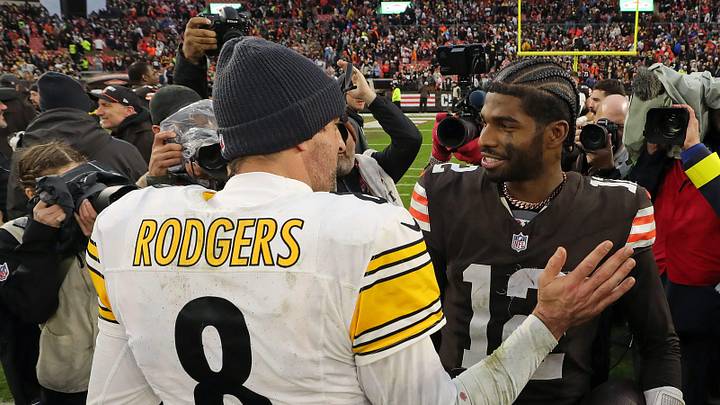 Browns quarterback Shedeur Sanders shakes hands with Pittsburgh Steelers quarterback Aaron Rodgers after a game won by the Browns, Dec. 28, 2025, in Cleveland. Browns quarterback Shedeur Sanders shakes hands with Pittsburgh Steelers quarterback Aaron Rodgers after a game won by the Browns, Dec. 28, 2025, in Cleveland.