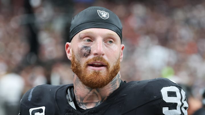 Sep 28, 2025; Paradise, Nevada, USA; Las Vegas Raiders defensive end Maxx Crosby (98) looks on from the sideline during the first quarter against the Chicago Bears at Allegiant Stadium. Mandatory Credit: Kiyoshi Mio-Imagn Images