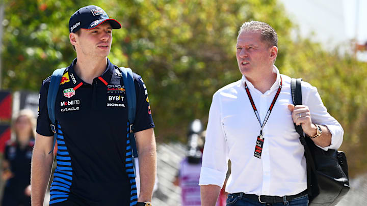 Max Verstappen of the Netherlands and Oracle Red Bull Racing and Jos Verstappen walk in the Paddock prior to practice ahead of the F1 Grand Prix of Bahrain at Bahrain International Circuit on February 29, 2024 in Bahrain, Bahrain. 