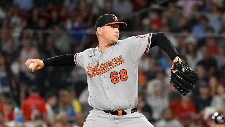 Jul 20, 2026; Boston, Massachusetts, USA; Baltimore Orioles relief pitcher Tyler Wells (68) pitches against the Boston Red Sox during the eighth inning at Fenway Park. Mandatory Credit: Eric Canha-Imagn Images