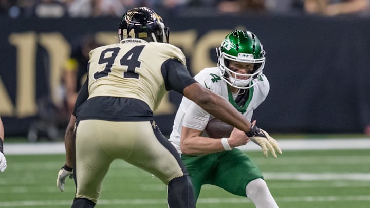 New Orleans Saints defensive end Cameron Jordan sacks New York Jets quarterback Brady Cook