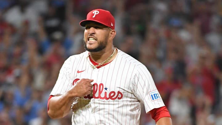 Aug 31, 2024; Philadelphia, Pennsylvania, USA; Philadelphia Phillies pitcher Carlos Estévez (53) reacts after getting the final out during the ninth inning against the Atlanta Braves at Citizens Bank Park. Mandatory Credit: Eric Hartline-Imagn Images