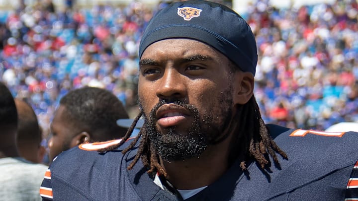  Chicago Bears offensive tackle Braxton Jones (70) on the sidelines during a pre-season game against the Buffalo Bills at Highmark Stadium.