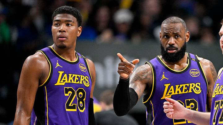 Apr 9, 2025; Dallas, Texas, USA; Los Angeles Lakers forward Rui Hachimura (28) and forward LeBron James (23) and guard Luka Doncic (77) and forward Dorian Finney-Smith (17) during the game between the Dallas Mavericks and the Los Angeles Lakers at American Airlines Center. Mandatory Credit: Jerome Miron-Imagn Images