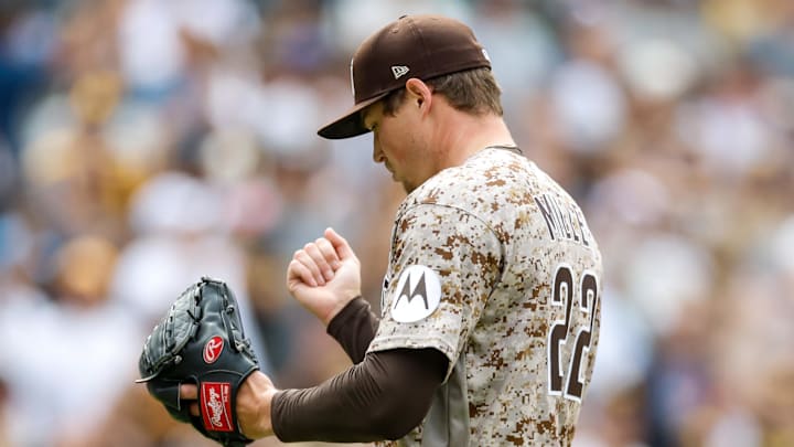 May 3, 2026; San Diego, California, USA; San Diego Padres relief pitcher Mason Miller (22) celebrates after defeating the Chicago White Sox at Petco Park. Mandatory Credit: David Frerker-Imagn Images
