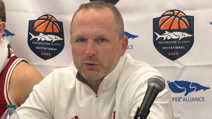 Indiana basketball coach Darian DeVries meets with reporters Nov. 9, 2025, after beating Marquette 100-77 in Chicago.