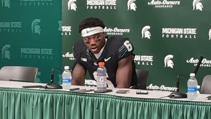 Michigan State WR Nick Marsh talks to the media after scoring two touchdowns against Boston College on Sept. 6, 2025.
