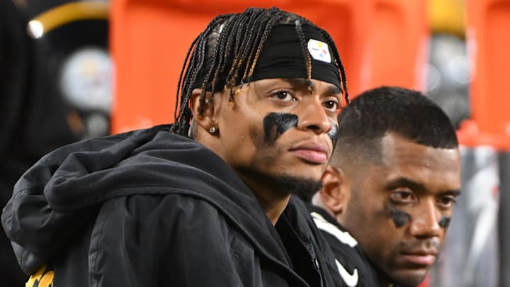 Oct 20, 2024; Pittsburgh, Pennsylvania, USA; Pittsburgh Steelers quarterbacks Justin Fields (2) and Russell Wilson (3) watch the action against the New York Jets during the fourth quarter at Acrisure Stadium. Mandatory Credit: Barry Reeger-Imagn Images