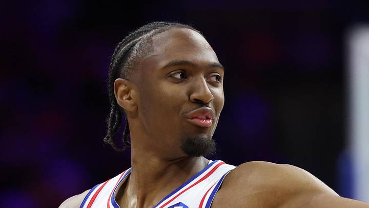 Philadelphia 76ers guard Tyrese Maxey (0) reacts to a play against the Boston Celtics during the second quarter at Xfinity Mobile Arena on April 30, 2026.
