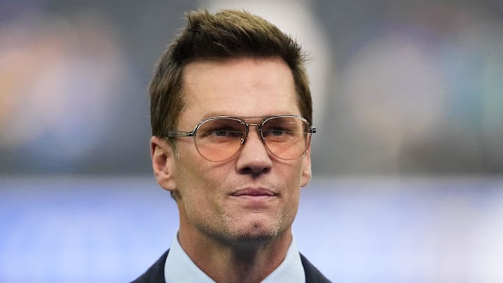 Dec 14, 2025; Inglewood, California, USA; Fox broadcaster Tom Brady is seen prior to the game between the Detroit Lions and the Los Angeles Rams at SoFi Stadium. Mandatory Credit: Kirby Lee-Imagn Images