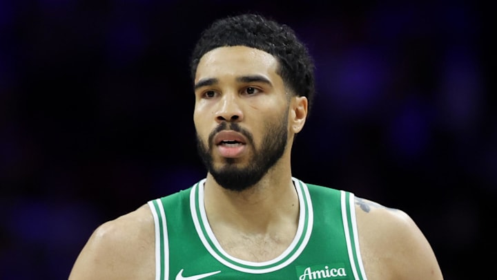 Apr 30, 2026; Philadelphia, Pennsylvania, USA; Boston Celtics forward Jayson Tatum (0) reacts to his score against the Philadelphia 76ers during the second quarter at Xfinity Mobile Arena. Mandatory Credit: Bill Streicher-Imagn Images