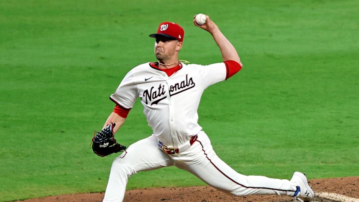 Jul 15, 2025; Cumberland, Georgia, USA; National League pitcher MacKenzie Gore (1) of the Washington Nationals pitches during the fifth inning during the 2025 MLB All Star Game at Truist Park. 