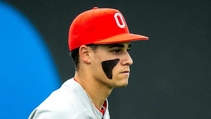 Ohio State's Matthew Graveline (9) runs to the dugout after getting an out during a NCAA Big Ten Conference baseball game against Iowa, Friday, May 5, 2023, at Duane Banks Field in Iowa City, Iowa. Ohio State's Matthew Graveline (9) runs to the dugout after getting an out during a NCAA Big Ten Conference baseball game against Iowa, Friday, May 5, 2023, at Duane Banks Field in Iowa City, Iowa.