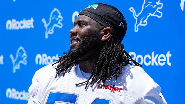 Detroit Lions defensive tackle Alim McNeill (54) speaks to media after practice during OTAs at Meijer Performance Center in Allen Park on Friday, May 29, 2026. Detroit Lions defensive tackle Alim McNeill (54) speaks to media after practice during OTAs at Meijer Performance Center in Allen Park on Friday, May 29, 2026.