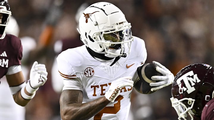 Nov 30, 2024; College Station, Texas, USA; Texas Longhorns wide receiver Matthew Golden (2) runs the ball during the second half against the Texas A&M Aggies. The Longhorns defeated the Aggies 17-7 at Kyle Field. Mandatory Credit: Maria Lysaker-Imagn Images  
