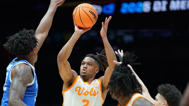 Mar 28, 2025; Indianapolis, IN, USA; Tennessee Volunteers guard Chaz Lanier (2) shoots the ball against the Kentucky Wildcats in the first half during a Midwest Regional semifinal of the 2025 NCAA tournament at Lucas Oil Stadium. Mandatory Credit: Robert Goddin-Imagn Images Mar 28, 2025; Indianapolis, IN, USA; Tennessee Volunteers guard Chaz Lanier (2) shoots the ball against the Kentucky Wildcats in the first half during a Midwest Regional semifinal of the 2025 NCAA tournament at Lucas Oil Stadium. Mandatory Credit: Robert Goddin-Imagn Images