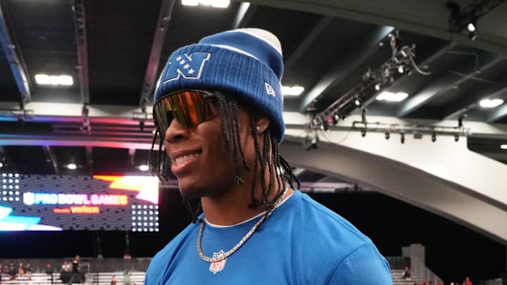 Detroit Lions running back Jahmyr Gibbs (0) during NFC Pro Bowl practice at the Flag Fieldhouse Moscone Center Detroit Lions running back Jahmyr Gibbs (0) during NFC Pro Bowl practice at the Flag Fieldhouse Moscone Center