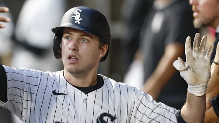 Sep 16, 2025; Chicago, Illinois, USA; Chicago White Sox catcher Kyle Teel (8) celebrates with teammates in the dugout after hitting a two-run home run against the Baltimore Orioles during the first inning at Rate Field. Mandatory Credit: Kamil Krzaczynski-Imagn Images Sep 16, 2025; Chicago, Illinois, USA; Chicago White Sox catcher Kyle Teel (8) celebrates with teammates in the dugout after hitting a two-run home run against the Baltimore Orioles during the first inning at Rate Field. Mandatory Credit: Kamil Krzaczynski-Imagn Images
