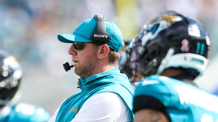 Sep 7, 2025; Jacksonville, Florida, USA; Jacksonville Jaguars head coach Liam Coen stands on the sidelines during the second half of a game against the Carolina Panthers at EverBank Stadium. Mandatory Credit: Morgan Tencza-Imagn Images