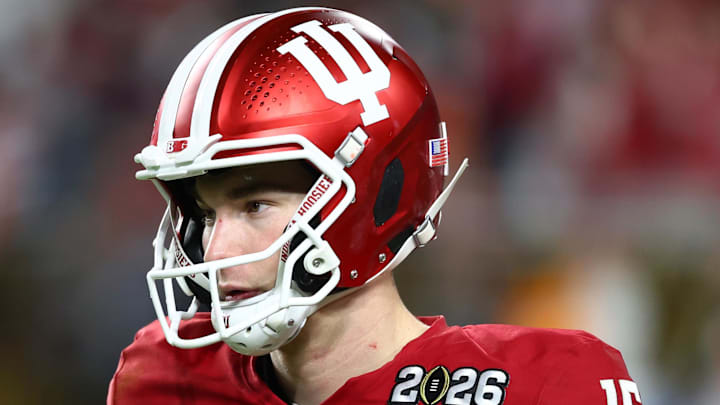 Jan 19, 2026; Miami Gardens, FL, USA; Indiana Hoosiers quarterback Fernando Mendoza (15)  in the second half during the College Football Playoff National Championship game at Hard Rock Stadium. Mandatory Credit: Mark J. Rebilas-Imagn Images