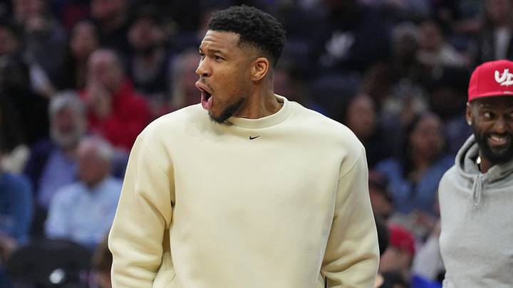 Milwaukee Bucks forward Giannis Antetokounmpo reacts (Mandatory Credit: Kyle Ross-Imagn Images)
