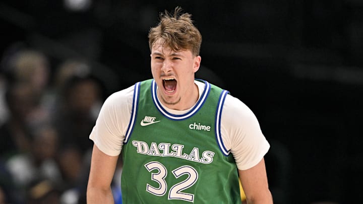 Oct 26, 2025; Dallas, Texas, USA; Dallas Mavericks forward Cooper Flagg (32) celebrates during the first quarter against the Toronto Raptors at the American Airlines Center. Mandatory Credit: Jerome Miron-Imagn Images