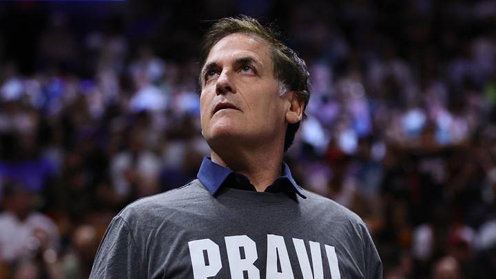 Apr 10, 2024; Miami, Florida, USA; Dallas Mavericks minority owner Mark Cuban looks on from the sideline against the Miami Heat during the third quarter at Kaseya Center. Mandatory Credit: Sam Navarro-Imagn Images