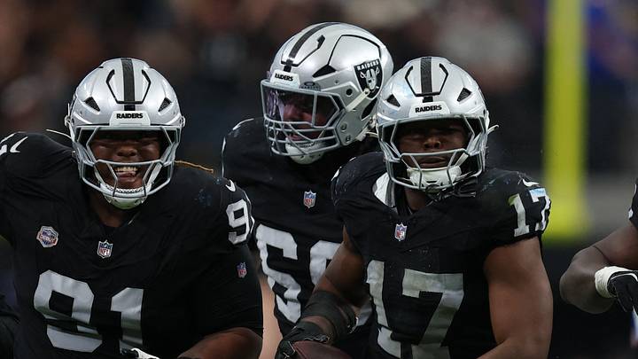 Oct 25, 2026; Paradise, Nevada, USA; Las Vegas Raiders linebacker Nakobe Dean (17) reacts after an interception in the second half at Allegiant Stadium. Mandatory Credit: David Brytus-Imagn Images Oct 25, 2026; Paradise, Nevada, USA; Las Vegas Raiders linebacker Nakobe Dean (17) reacts after an interception in the second half at Allegiant Stadium. Mandatory Credit: David Brytus-Imagn Images