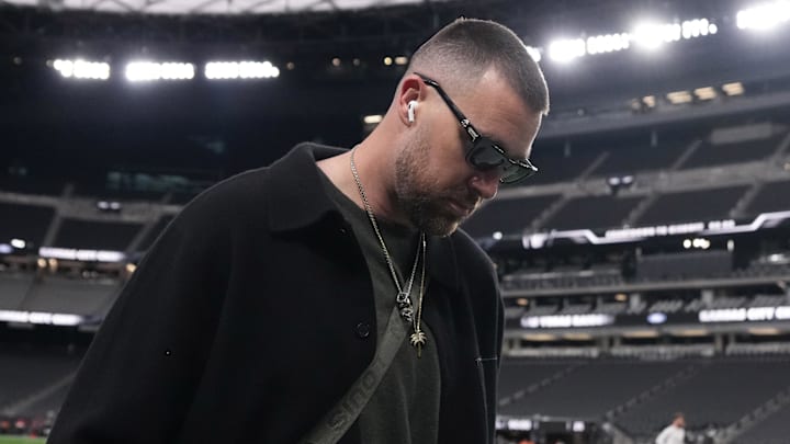 Jan 4, 2026; Paradise, Nevada, USA; Kansas City Chiefs tight end Travis Kelce (87) arrives before the game against the Las Vegas Raiders at Allegiant Stadium. Mandatory Credit: Kirby Lee-Imagn Images