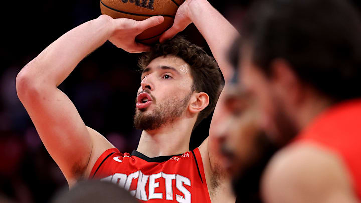 Jan 22, 2025; Houston, Texas, USA; Houston Rockets center Alperen Sengun (28) shoots a free throw against the Cleveland Cavaliers during the fourth quarter at Toyota Center. Mandatory Credit: Erik Williams-Imagn Images