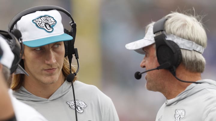 Nov 10, 2024; Jacksonville, Florida, USA; Jacksonville Jaguars quarterback Trevor Lawrence (16) and head coach Doug Pederson during the game against the Minnesota Vikings during the fourth quarter at EverBank Stadium. Mandatory Credit: Morgan Tencza-Imagn Images Nov 10, 2024; Jacksonville, Florida, USA; Jacksonville Jaguars quarterback Trevor Lawrence (16) and head coach Doug Pederson during the game against the Minnesota Vikings during the fourth quarter at EverBank Stadium. Mandatory Credit: Morgan Tencza-Imagn Images
