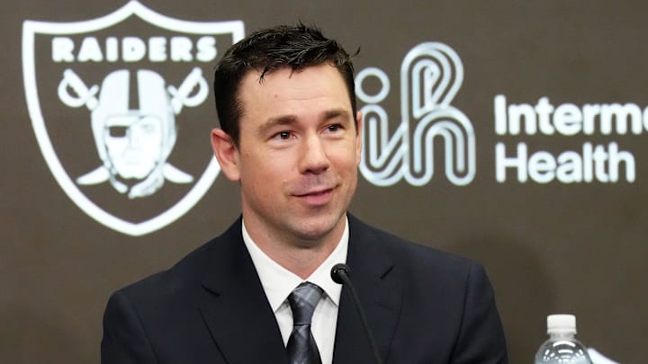 Feb 10, 2026; Henderson, NV, USA; Las Vegas Raiders coach Klint Kubiak speaks at introductory press conference at Intermountain Health Performance Center. Mandatory Credit: Kirby Lee-Imagn Images