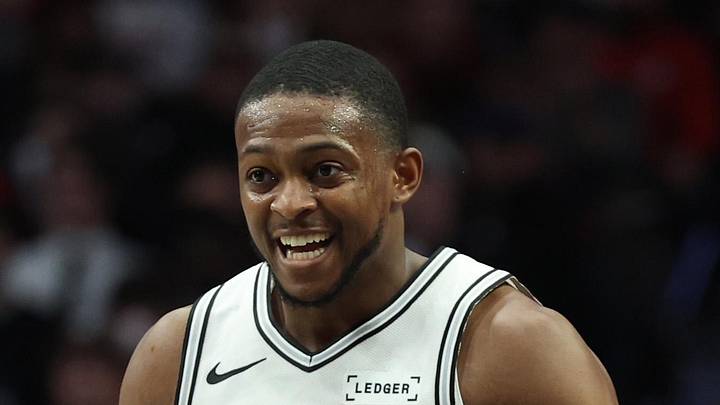 San Antonio Spurs guard De'Aaron Fox (4) reacts after making a three-point shot in the second half against the Portland Trail Blazers at Moda Center on Nov 26, 2025. San Antonio Spurs guard De'Aaron Fox (4) reacts after making a three-point shot in the second half against the Portland Trail Blazers at Moda Center on Nov 26, 2025.
