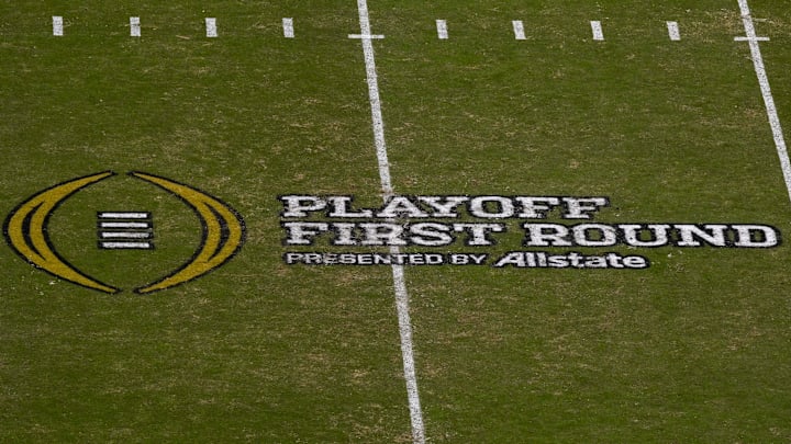 Dec 20, 2025; College Station, TX, USA; A view of the field and the SEC logo and CFP logo during the game between the Aggies and the Hurricanes at Kyle Field. Mandatory Credit: Jerome Miron-Imagn Images