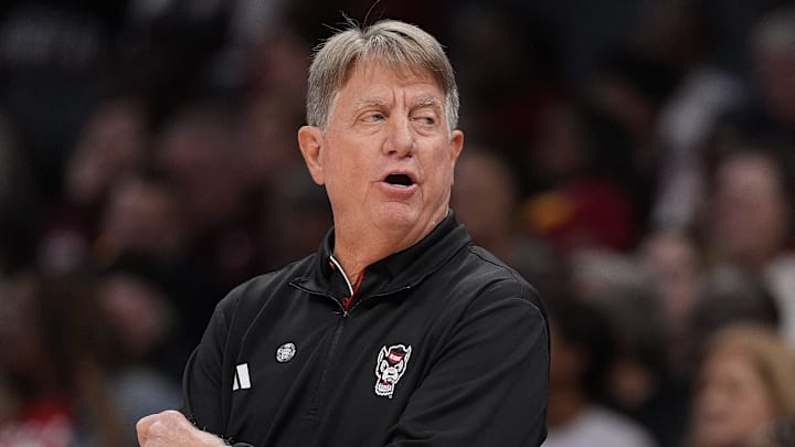 Nov 10, 2024; Charlotte, NC, USA; NC State Wolfpack head coach Wes Moore during the first half against the South Carolina Gamecocks at the Ally Tip Off at Spectrum Center. Mandatory Credit: Jim Dedmon-Imagn Images