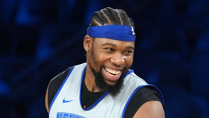 Dec 12, 2025; Las Vegas, NV, USA; New York Knicks forward Guerschon Yabusele (28) reacts during practice prior to the Emirates Cup semifinals at T-Mobile Arena. Mandatory Credit: Kirby Lee-Imagn Images