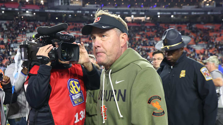 Nov 1, 2025; Auburn, Alabama, USA;  Auburn Tigers head coach Hugh Freeze walks off the field after the Tigers lost to Kentucky Wildcats at Jordan-Hare Stadium. Mandatory Credit: John Reed-Imagn Images