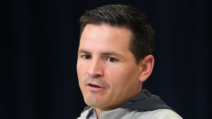 Seattle Seahawks coach Mike Macdonald speaks during the NFL Scouting Combine.