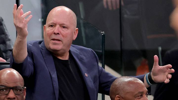 Nov 5, 2025; New York, New York, USA; New York Knicks executive vice president William Wesley (left) and president Leon Rose watch during the fourth quarter against the Minnesota Timberwolves at Madison Square Garden. Mandatory Credit: Brad Penner-Imagn Images