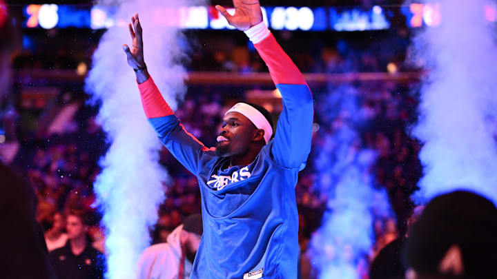 Apr 11, 2025; Philadelphia, Pennsylvania, USA; Philadelphia 76ers center Adem Bona (30) is introduced before the game against the Atlanta Hawks at Wells Fargo Center. Mandatory Credit: Kyle Ross-Imagn Images