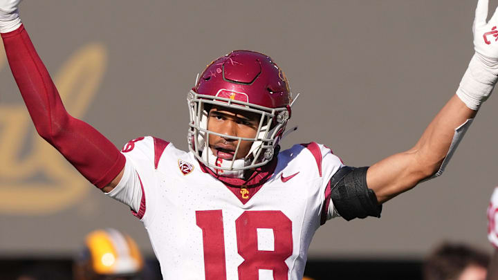 Oct 28, 2023; Berkeley, California, USA; USC Trojans linebacker Eric Gentry (18) gestures during the third quarter against the California Golden Bears at California Memorial Stadium. Mandatory Credit: Darren Yamashita-Imagn Images