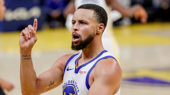 Oct 23, 2025; San Francisco, California, USA; Golden State Warriors guard Stephen Curry (30) celebrates against the Denver Nuggets during the third quarter at Chase Center. Oct 23, 2025; San Francisco, California, USA; Golden State Warriors guard Stephen Curry (30) celebrates against the Denver Nuggets during the third quarter at Chase Center.