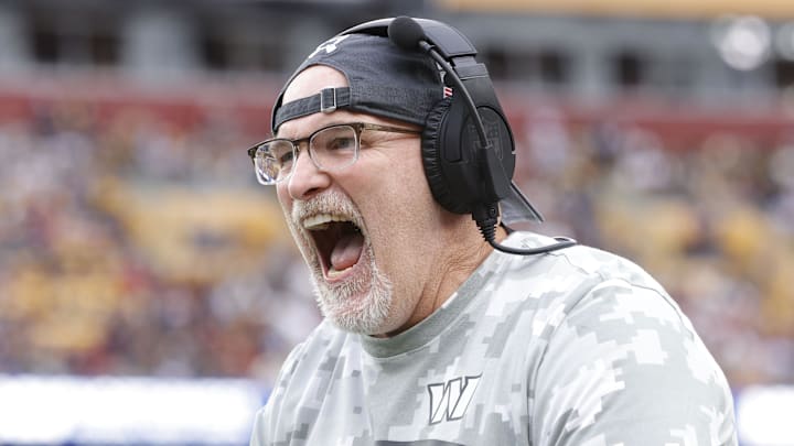 Washington Commanders head coach Dan Quinn celebrates on the sidelines after an interception pass against the Pittsburgh Steelers during the second half at Northwest Stadium. Mandatory Credit: Amber Searls-Imagn Images Washington Commanders head coach Dan Quinn celebrates on the sidelines after an interception pass against the Pittsburgh Steelers during the second half at Northwest Stadium. Mandatory Credit: Amber Searls-Imagn Images
