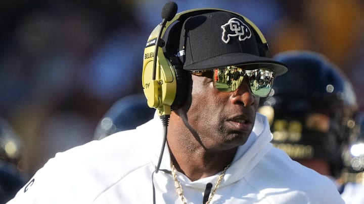 Oct 7, 2023; Tempe, Arizona, USA; Colorado Buffaloes head coach Deion Sanders walks the sidelines as his team takes on the ASU Sun Devils at Mountain America Stadium.