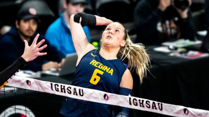 Iowa City Regina Catholic's Reese Naeve (6) goes up for an attack during the Class 2A quarterfinals of the IGHSAU Girls State Volleyball Championships against Eddyville-Blakesburg-Fremont, Tuesday, Nov. 5, 2024, at Xtream Arena in Coralville, Iowa. Iowa City Regina Catholic's Reese Naeve (6) goes up for an attack during the Class 2A quarterfinals of the IGHSAU Girls State Volleyball Championships against Eddyville-Blakesburg-Fremont, Tuesday, Nov. 5, 2024, at Xtream Arena in Coralville, Iowa.